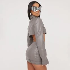 EGO High Waist Zip Detail Mini Biker Skirt In Grey Faux Leather -Sperrryego Store 11 04 23 ming81490 s