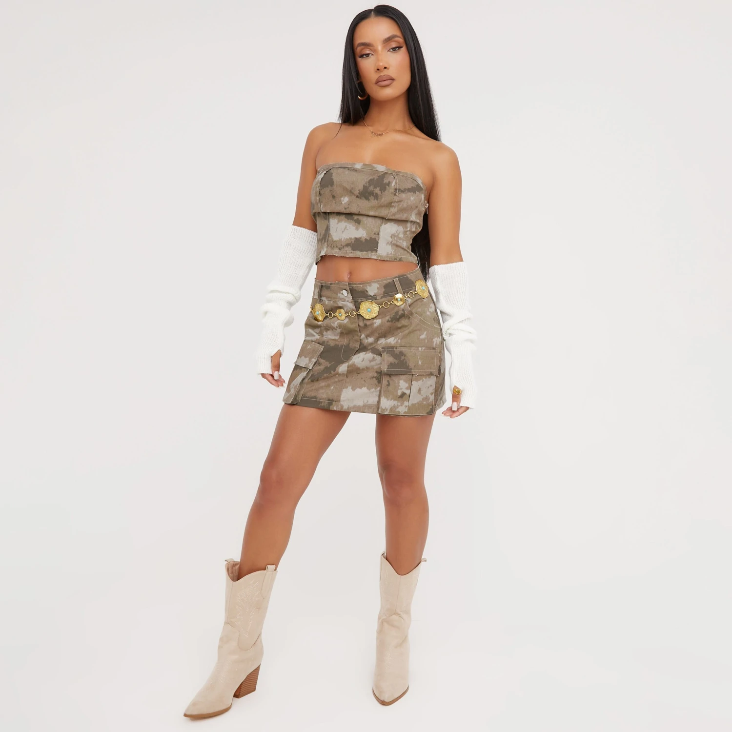 EGO High Waist Raw Hem Detail Mini Skirt In Khaki Camo 2 EGO High Waist Raw Hem Detail Mini Skirt In Khaki Camo
