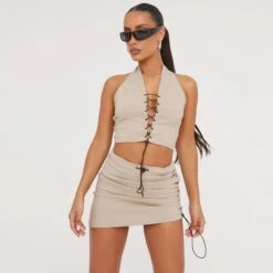 EGO High Waist Ruched Detail Toggle Utility Mini Bodycon Skirt In Stone -Sperrryego Store 11 04 23 ming82231 sq