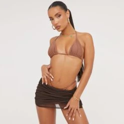 EGO Wrap Front Detail Mini Beach Skirt In Brown