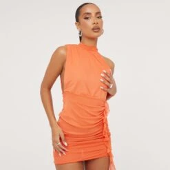 EGO High Neck Sleeveless Ruched Frill Detail Mini Bodycon Dress In Orange Mesh -Sperrryego Store 11 04 23 ming82500 sq