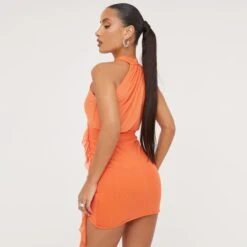 EGO High Neck Sleeveless Ruched Frill Detail Mini Bodycon Dress In Orange Mesh -Sperrryego Store 11 04 23 ming82510 sq