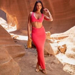 EGO High Waist Strap Detail Textured Maxi Skirt In Pink