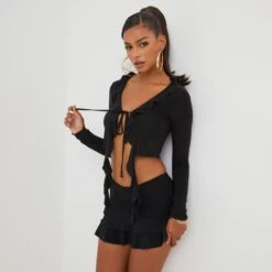 EGO Long Sleeve Tie Front Frill Detail Crop Top In Black Slinky