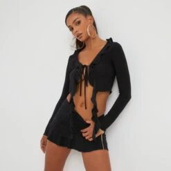 EGO Frill Hem Side Ruched Detail Mini Skirt In Black Slinky 8 EGO Frill Hem Side Ruched Detail Mini Skirt In Black Slinky -Sperrryego Store 12 08 22 pam6188