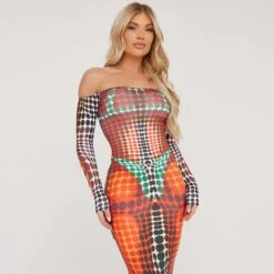 EGO Bardot Long Sleeve Printed Detail Maxi Dress In Muli Slinky -Sperrryego Store 13 04 23 em84569 sq