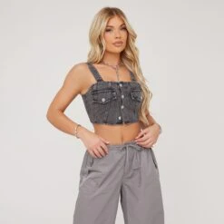 EGO Square Neck Button Pocket Detail Corset Top In Washed Black Denim