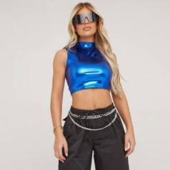 EGO High Neck Racer Crop Top In Blue Metallic