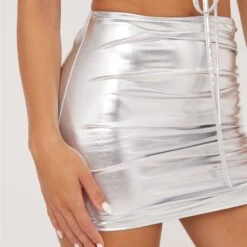 EGO High Waist Ruched Detail Mini Bodycon Skirt In Silver Metallic 7 EGO High Waist Ruched Detail Mini Bodycon Skirt In Silver Metallic -Sperrryego Store 13 06 em117445 sq