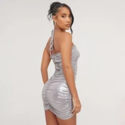 EGO Halterneck Rose Detail Ruched Front Mini Bodycon Dress In Silver Metallic -Sperrryego Store 14 03 23 ming67111 s