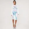 EGO Long Sleeve High Neck Body Print Detail Midi Bodycon Dress In White Multi