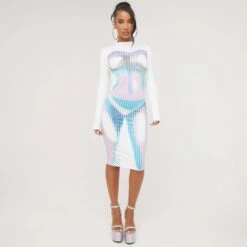 EGO Long Sleeve High Neck Body Print Detail Midi Bodycon Dress In White Multi