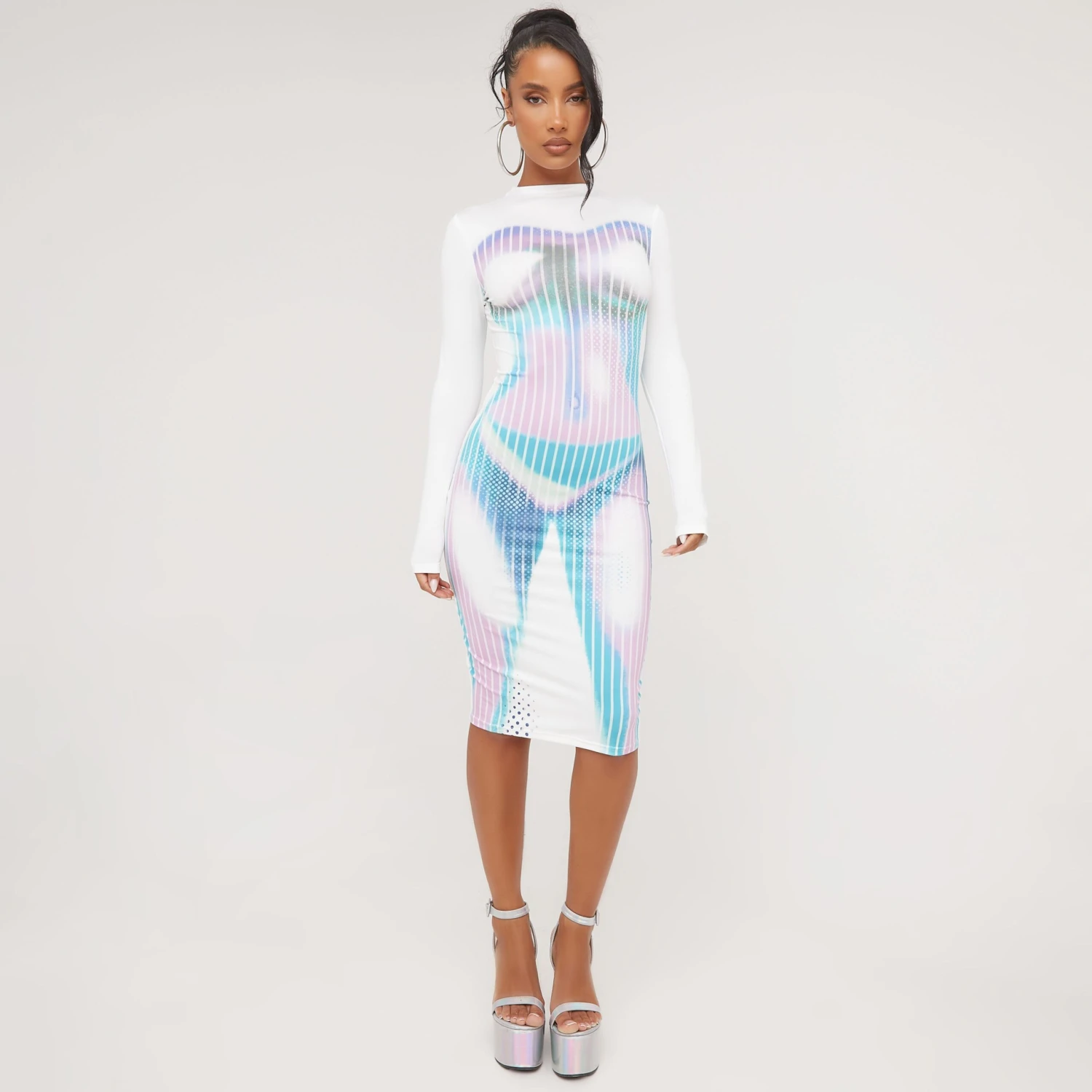 EGO Long Sleeve High Neck Body Print Detail Midi Bodycon Dress In White Multi 3 EGO Long Sleeve High Neck Body Print Detail Midi Bodycon Dress In White Multi