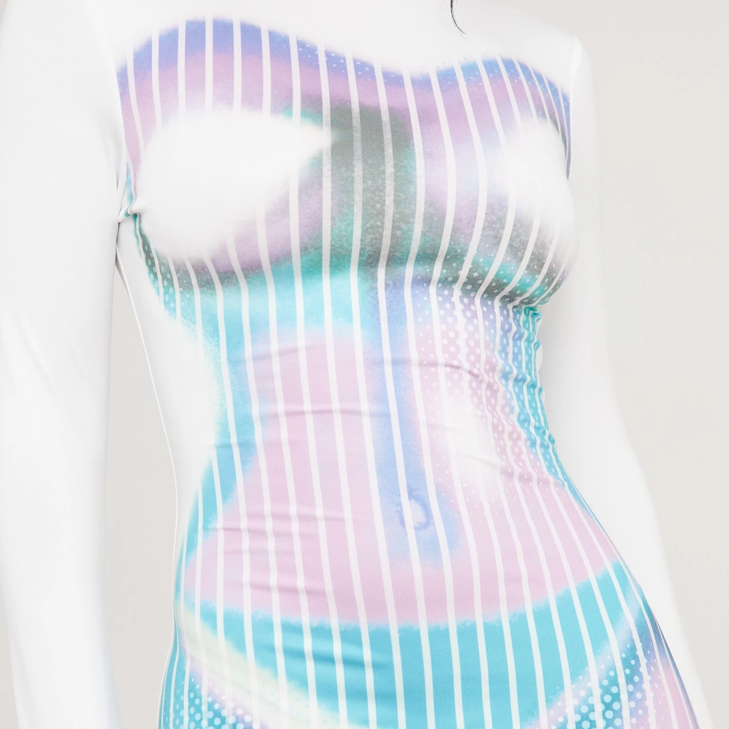 EGO Long Sleeve High Neck Body Print Detail Midi Bodycon Dress In White Multi 4 EGO Long Sleeve High Neck Body Print Detail Midi Bodycon Dress In White Multi - Image 2