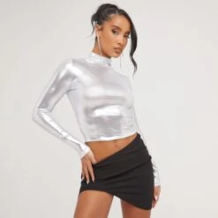 EGO Long Sleeve High Neck Crop Top In Silver Metallic