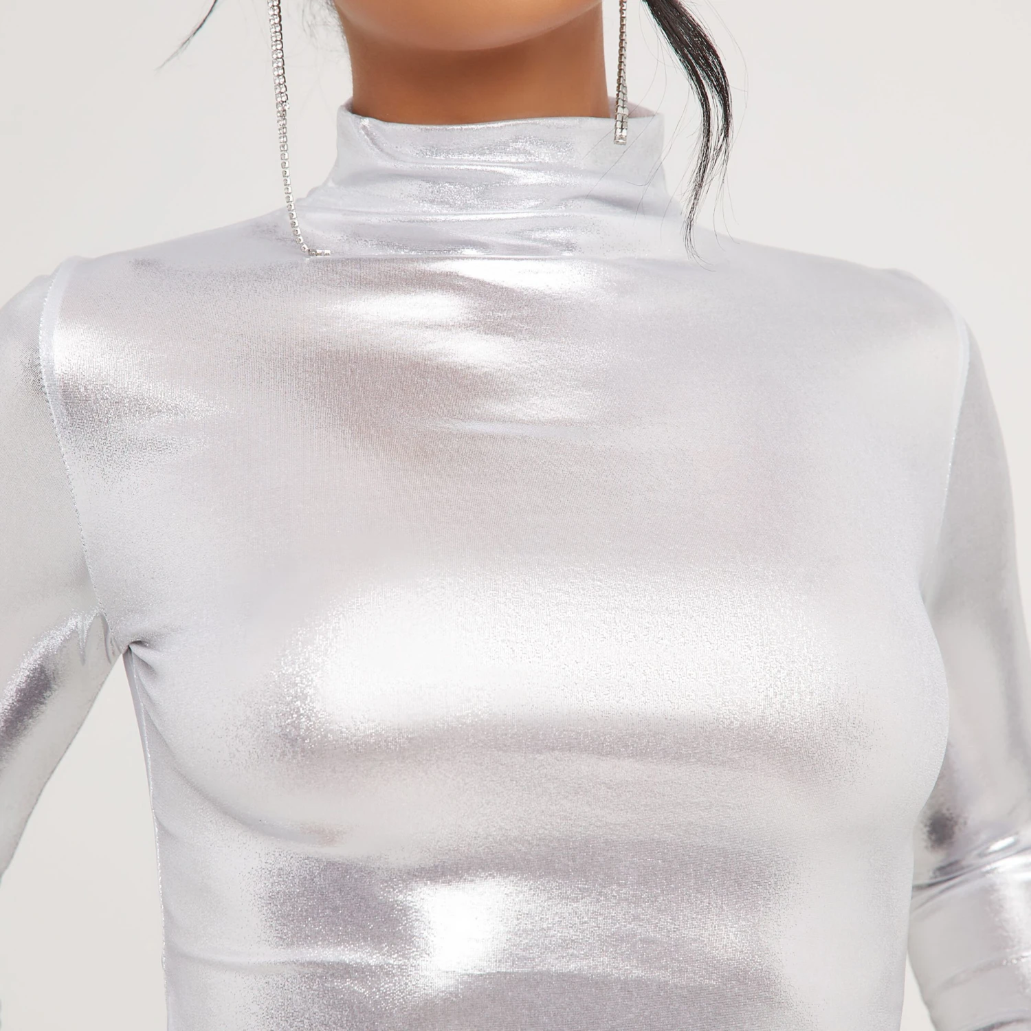 EGO Long Sleeve High Neck Crop Top In Silver Metallic 4 EGO Long Sleeve High Neck Crop Top In Silver Metallic - Image 2