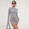 Long Sleeve High Neck 'Ego Studio' Seam Detail Contour Mini Bodycon Dress In Charcoal
