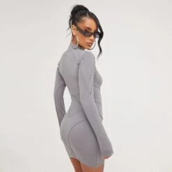 Long Sleeve High Neck 'Ego Studio' Seam Detail Contour Mini Bodycon Dress In Charcoal -Sperrryego Store 14 03 23 ming67589 sq