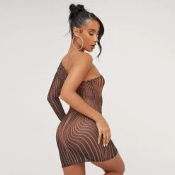 EGO One Sleeve Body Illusion Print Mini Bodycon Dress In Brown Mesh -Sperrryego Store 14 03 23 ming68010 sq