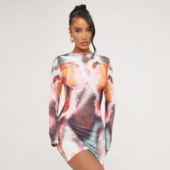EGO Long Sleeve Body Heat Print Mini Bodycon Dress In Multi Slinky
