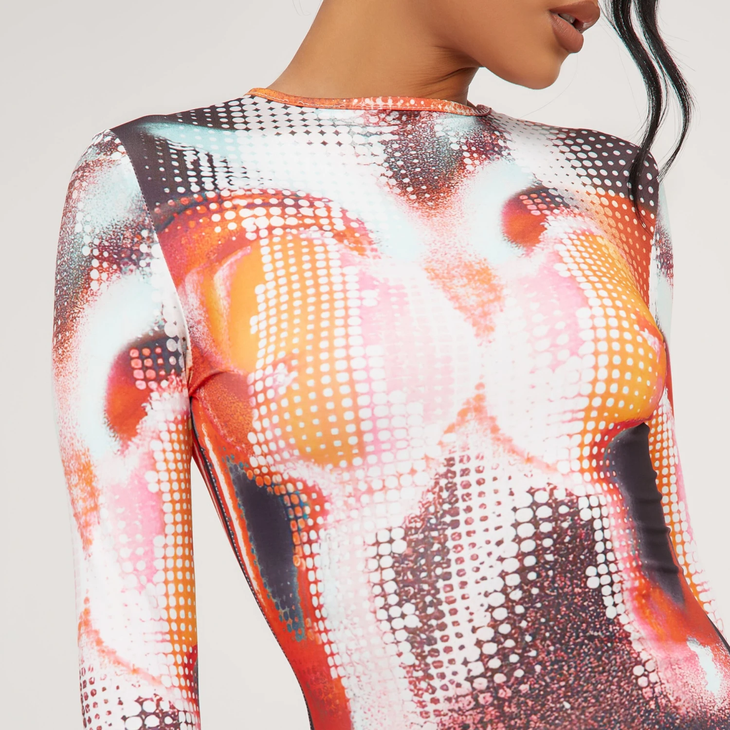 EGO Long Sleeve Body Heat Print Mini Bodycon Dress In Multi Slinky 4 EGO Long Sleeve Body Heat Print Mini Bodycon Dress In Multi Slinky - Image 2
