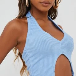 EGO Plunge Neck Split Front Halterneck Crop Top In Light Blue Soft Ribbed Knit -Sperrryego Store 14 07 225139