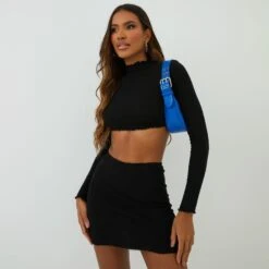 EGO High Neck Long Sleeve Lettuce Frill Detail Crop Top In Black Ribbed