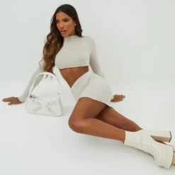 EGO High Neck Long Sleeve Lettuce Frill Detail Crop Top In Beige Ribbed