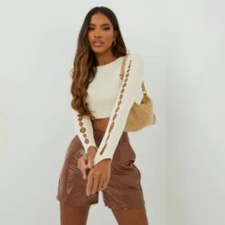 EGO Long Sleeve Cut Out Detail Crop Top In Beige Ribbed -Sperrryego Store 15 09 22 noara 19593