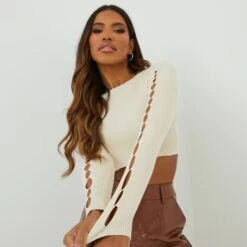 EGO Long Sleeve Cut Out Detail Crop Top In Beige Ribbed