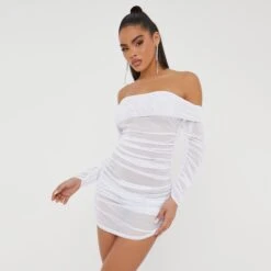 EGO Bardot Long Sleeve Ruched Detail Mini Bodycon Dress In White Mesh