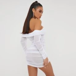 EGO Bardot Long Sleeve Ruched Detail Mini Bodycon Dress In White Mesh -Sperrryego Store 15 11 22 july25221 sq