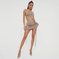 EGO Ruched Wrap Detail Mini Bodycon Skirt In Taupe Slinky