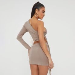 EGO Ruched Wrap Detail Mini Bodycon Skirt In Taupe Slinky -Sperrryego Store 15 11 22 july25788 sq