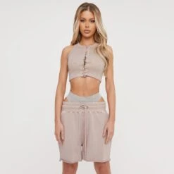 EGO Lace Up Toggle Detail Racer Crop Top In Taupe Ribbed