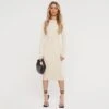 EGO Long Sleeve Seam Detail Midi Bodycon Dress In Cream Ribbed