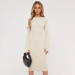 EGO Long Sleeve Seam Detail Midi Bodycon Dress In Cream Ribbed -Sperrryego Store 15 12 2236797 copy