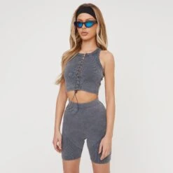 EGO Lace Up Toggle Detail Racer Crop Top In Grey Acid Wash Ribbed