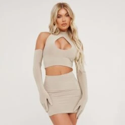 EGO High Neck Keyhole Detail Crop Top With Gloves In Stone Slinky