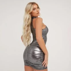 EGO High Neck Ruched Detail Racer Mini Bodycon Dress In Silver Metallic -Sperrryego Store 16 02 23 emily59489 s