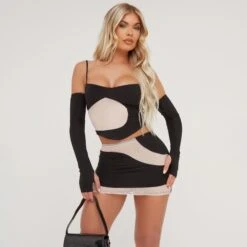 EGO Thin Straps Contrast Mesh Swirl Detail Corset Top With Sleeves In Black Slinky