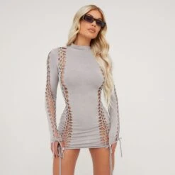 EGO Long Sleeve High Neck Extreme Ladder Detail Mini Bodycon Dress In Grey Acid Wash