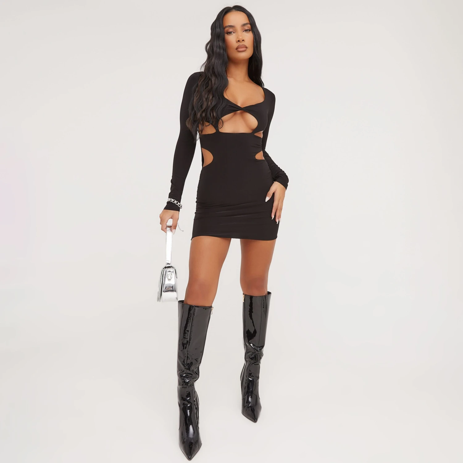 EGO Long Sleeve Front Cut Out Detail Mini Bodycon Dress In Black Slinky 5 EGO Long Sleeve Front Cut Out Detail Mini Bodycon Dress In Black Slinky - Image 3