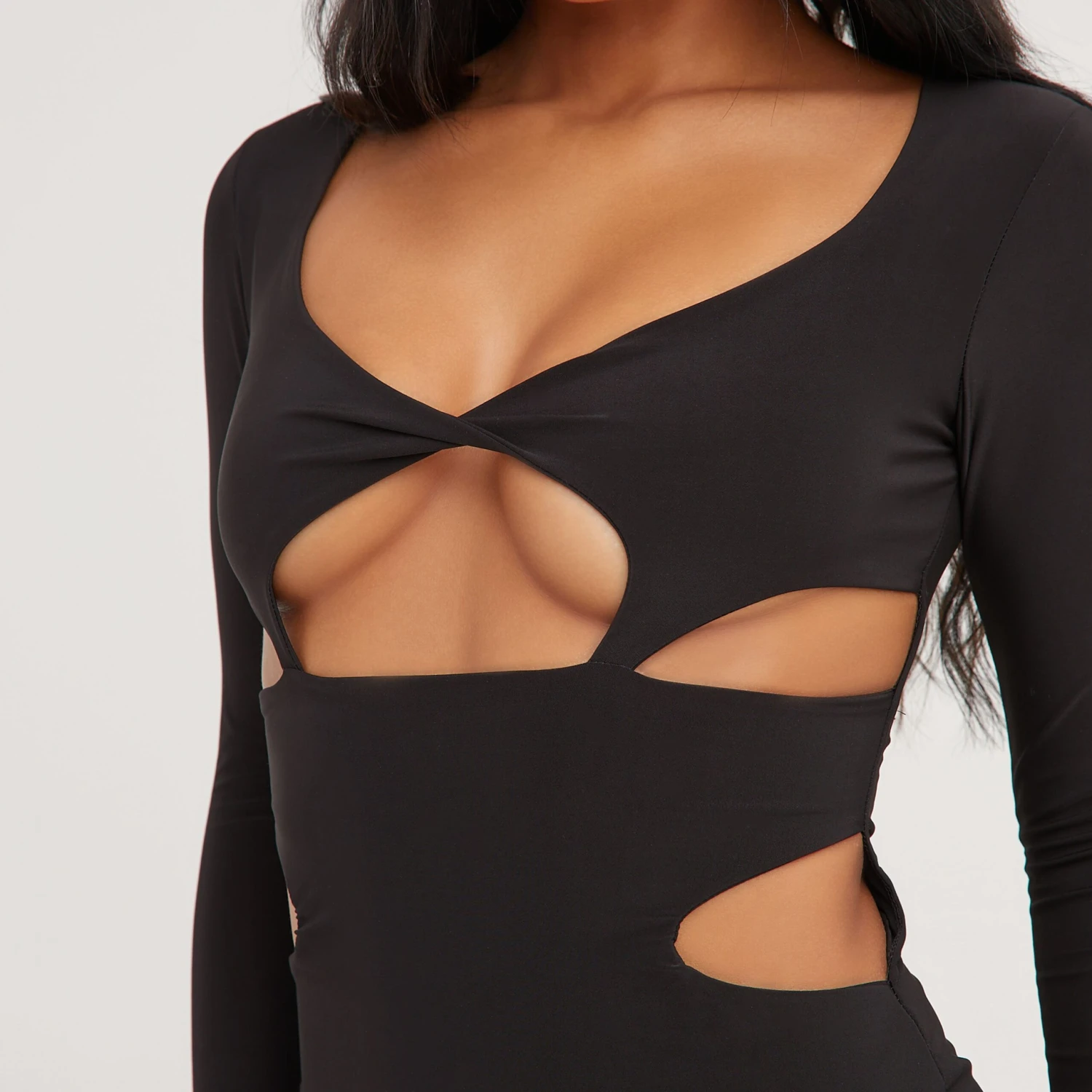 EGO Long Sleeve Front Cut Out Detail Mini Bodycon Dress In Black Slinky 4 EGO Long Sleeve Front Cut Out Detail Mini Bodycon Dress In Black Slinky - Image 2