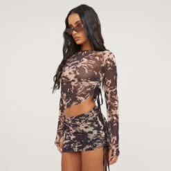 EGO Ruched Detail Mini Bodycon Skirt In Stone Acid Print Mesh -Sperrryego Store 16 03 23 ming69312 s