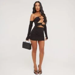 EGO One Shoulder Strappy Cut Out Detail Mini Bodycon Dress With Sleeve In Black Slinky -Sperrryego Store 16 03 23 ming69348 s