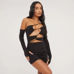 EGO One Shoulder Strappy Cut Out Detail Mini Bodycon Dress With Sleeve In Black Slinky