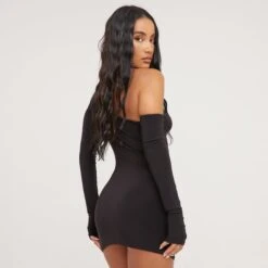 EGO One Shoulder Strappy Cut Out Detail Mini Bodycon Dress With Sleeve In Black Slinky -Sperrryego Store 16 03 23 ming69367 s
