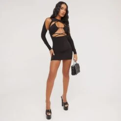 EGO Cold Shoulder Strappy Detail Double Layer Mini Bodycon Dress In Black Slinky 9 EGO Cold Shoulder Strappy Detail Double Layer Mini Bodycon Dress In Black Slinky -Sperrryego Store 16 03 23 ming69559 s