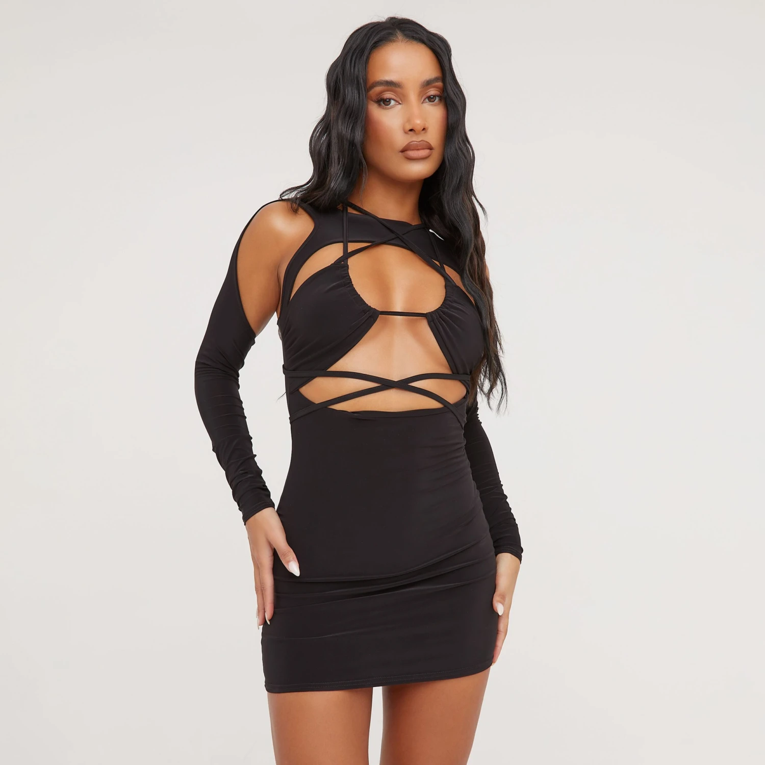 EGO Cold Shoulder Strappy Detail Double Layer Mini Bodycon Dress In Black Slinky 3 EGO Cold Shoulder Strappy Detail Double Layer Mini Bodycon Dress In Black Slinky